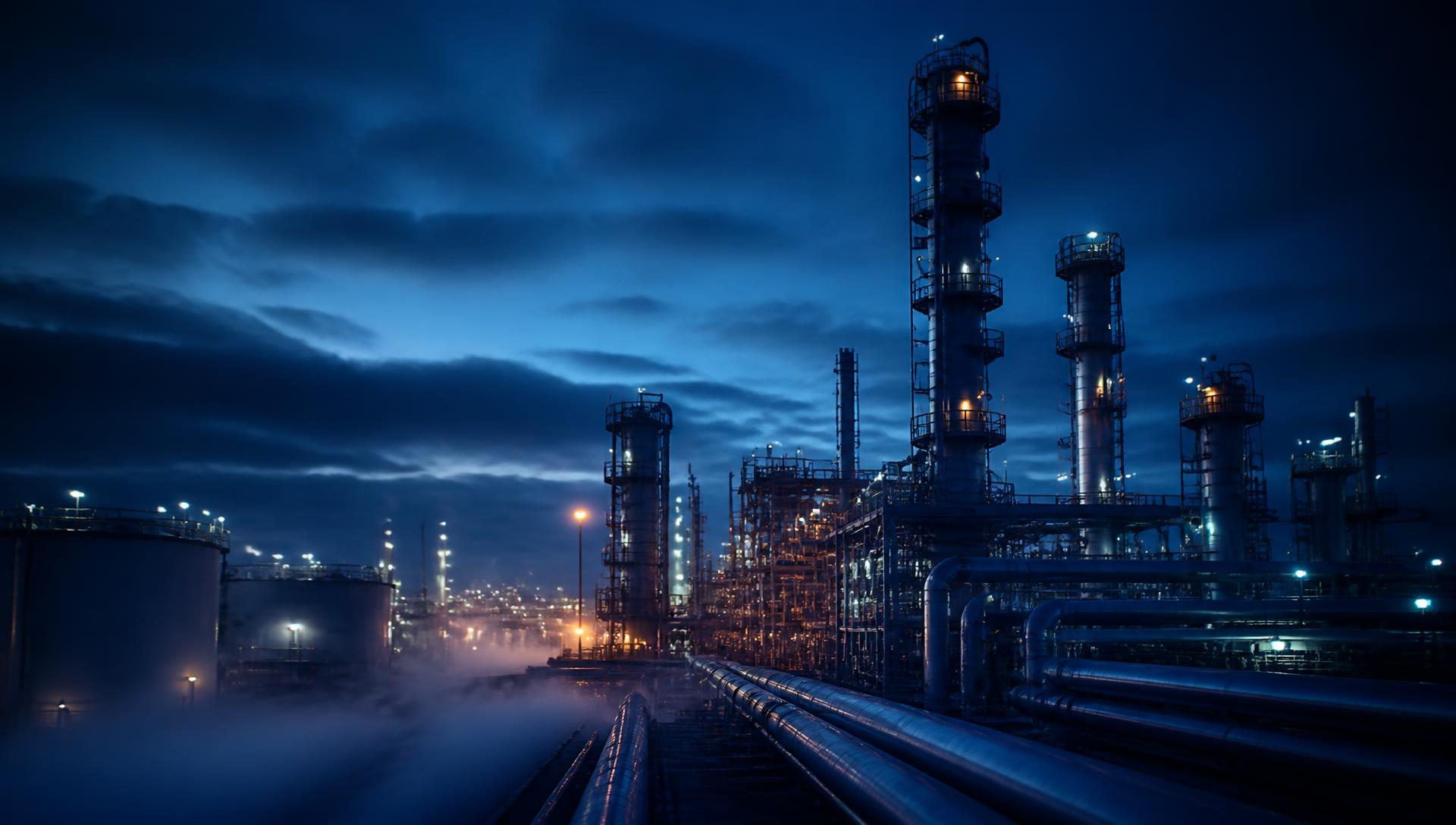 Industrial energy processing facility illuminated at dusk